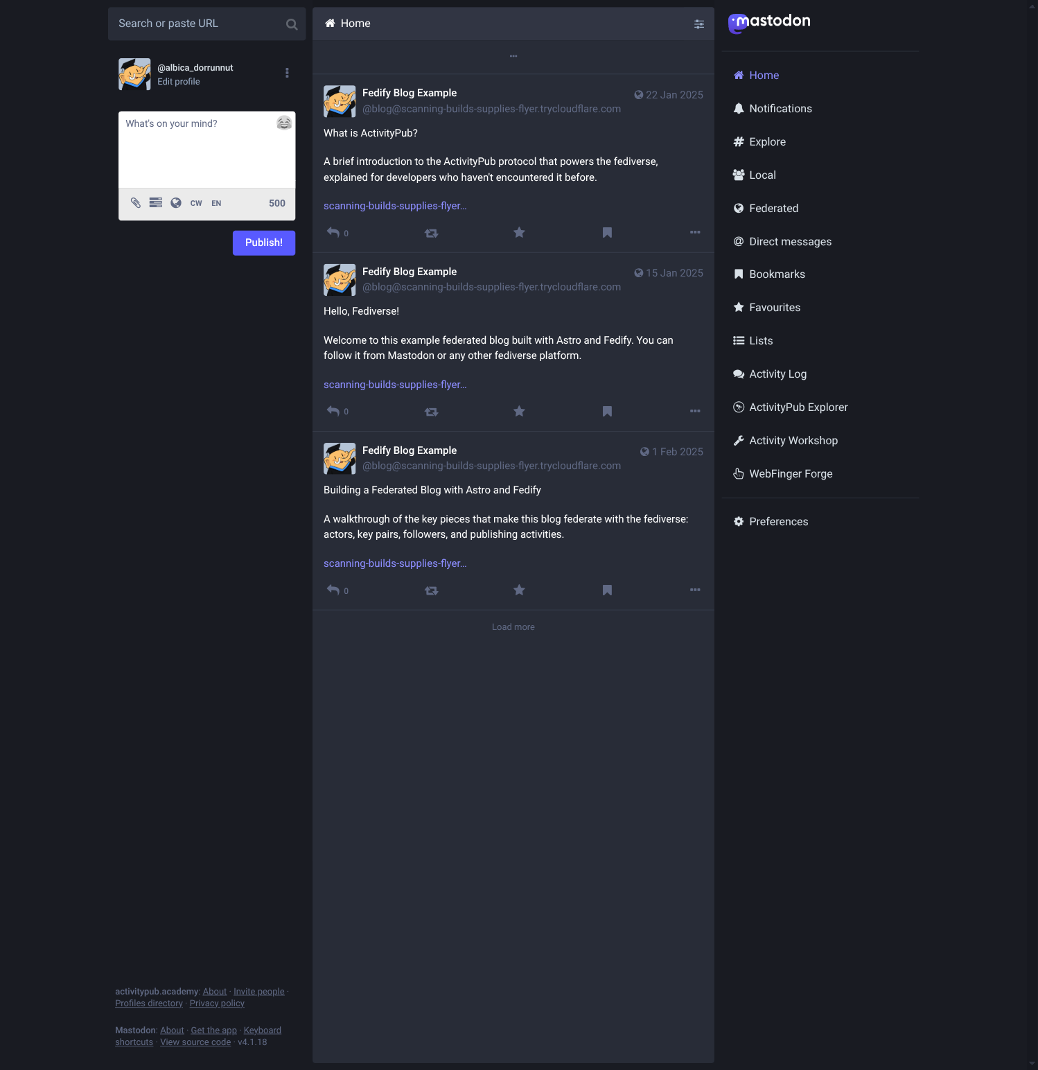 ActivityPub.Academy home timeline showing three blog posts from Fedify Blog Example